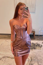 Strapless Metallic Royal Blue Keyhole Ruched Tight Homecoming Dresses