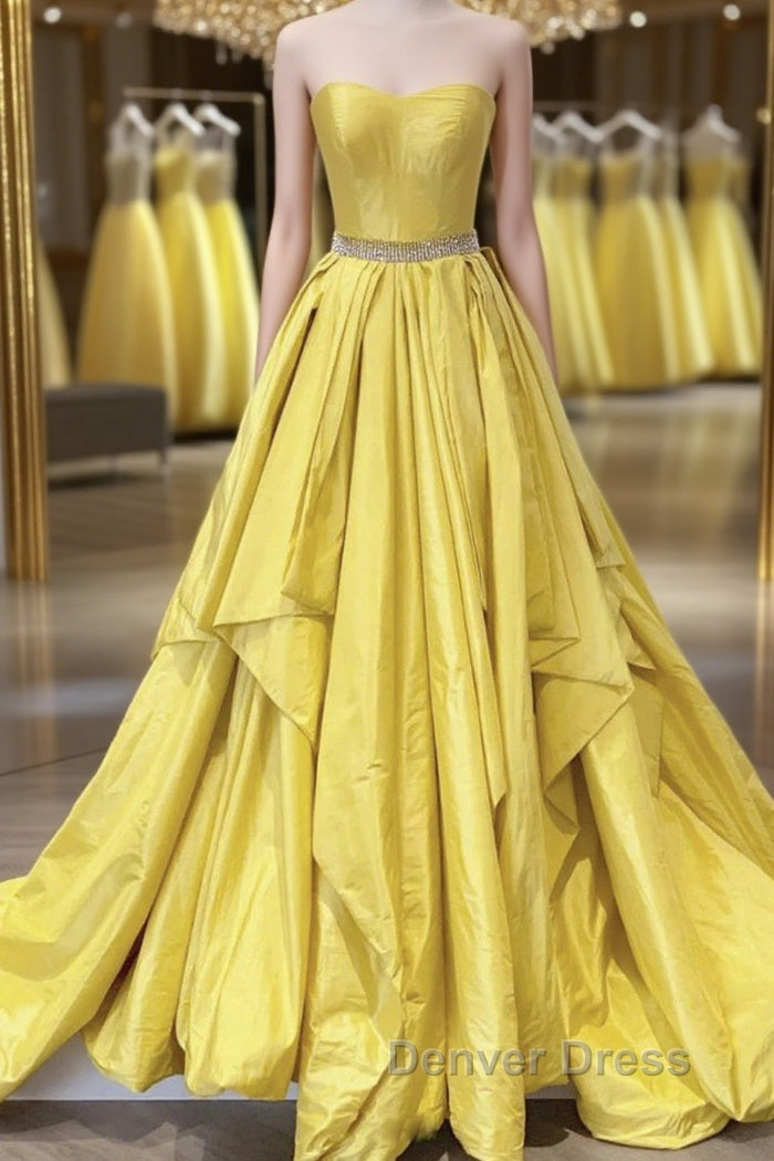 Strapless Open Back Fluffy Yellow Satin Long Prom Dress, Layered Yellow Prom Dresses Main image