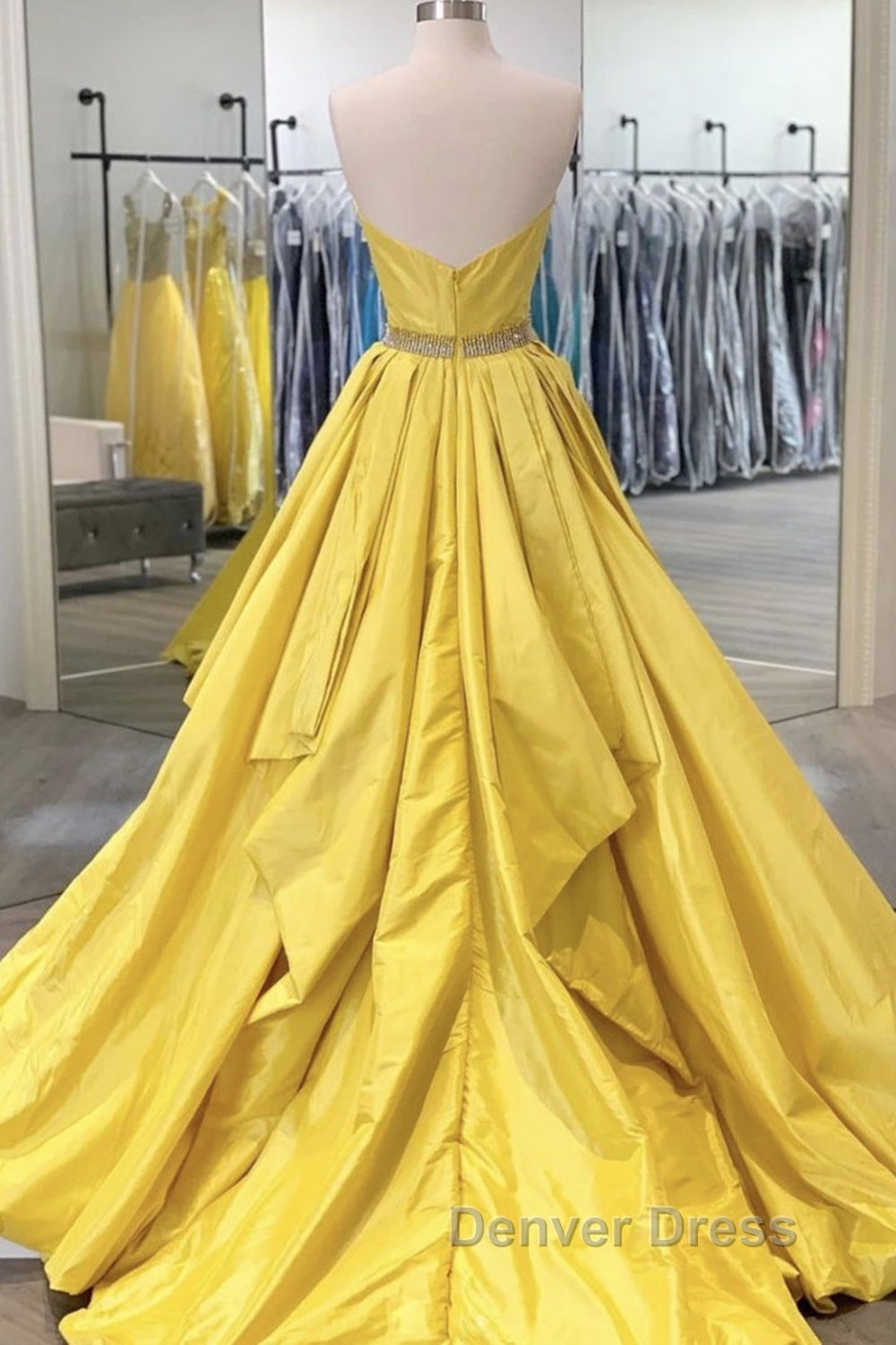 Strapless Open Back Fluffy Yellow Satin Long Prom Dress, Layered Yellow Prom Dresses Secondary image