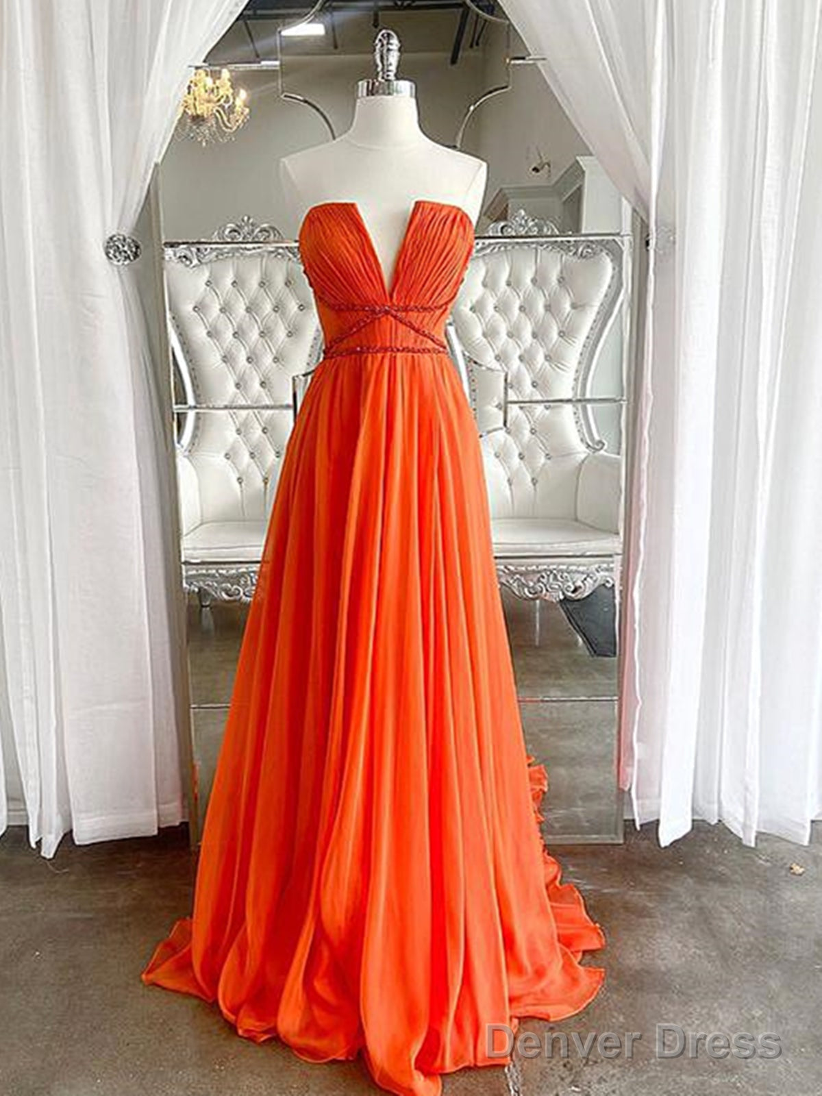 Strapless Orange Long Prom Dresses, Strapless Orange Long Formal Evening Dresses Main image