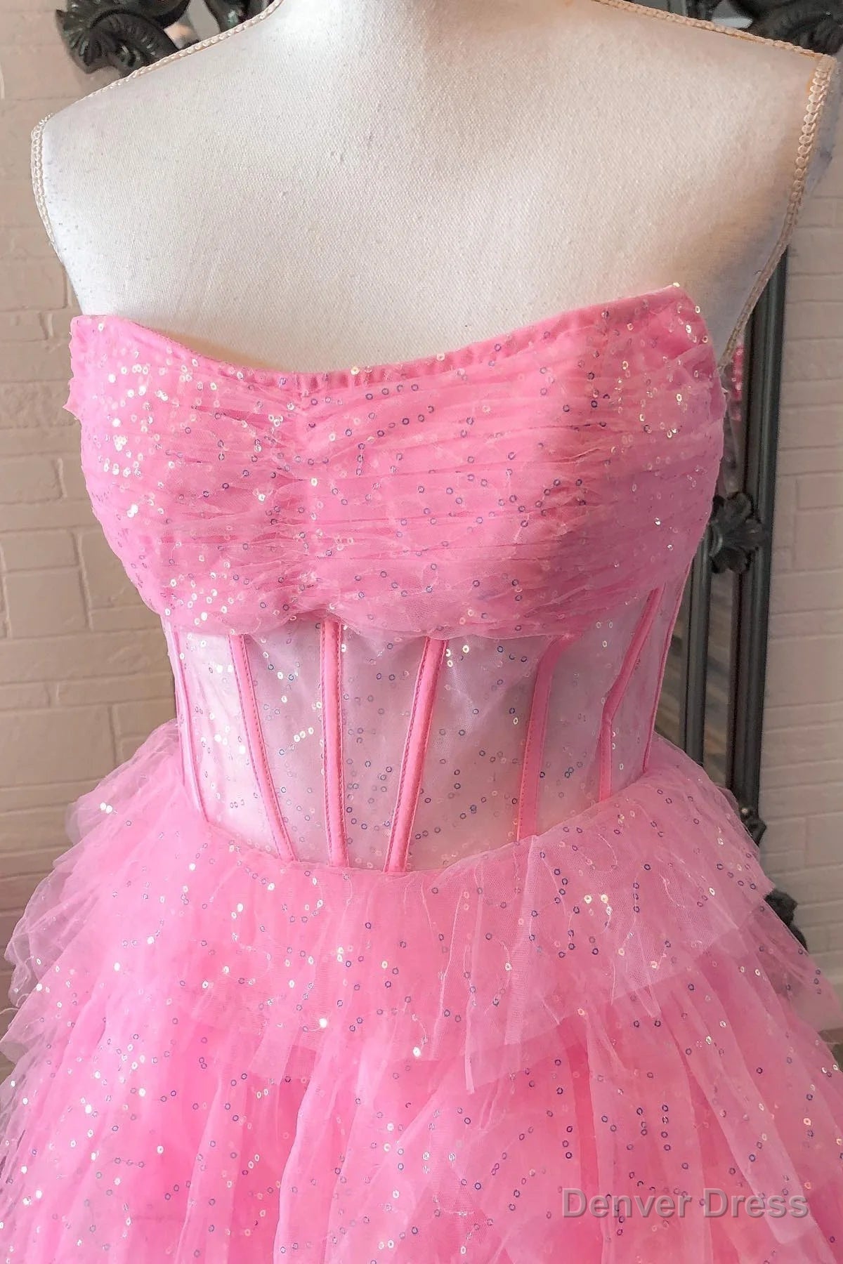 Strapless Pink Black Tulle Long Prom Dress, Shiny Pink Black Tulle Long Prom Dresses Secondary image