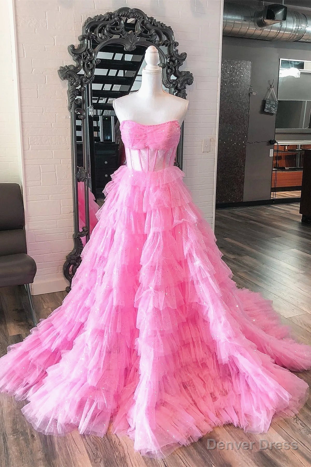 Strapless Pink Black Tulle Long Prom Dress, Shiny Pink Black Tulle Long Prom Dresses