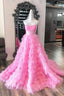 Strapless Pink Black Tulle Long Prom Dress, Shiny Pink Black Tulle Long Prom Dresses