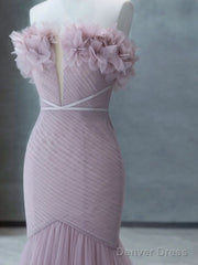Strapless Pink Chiffon Creased Evening Dress Floor Length Mermaid Prom Dress With Sweep