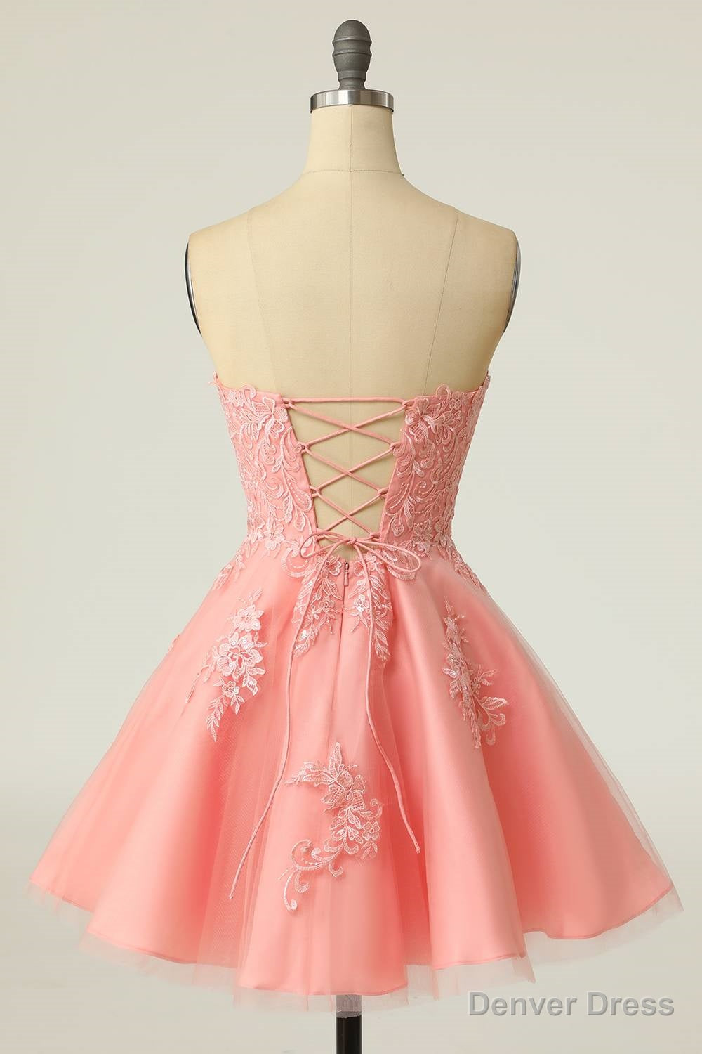 Strapless Pink Lace Appliues A Line Short Prom Dresses Secondary image