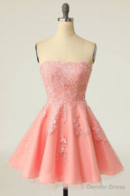 Strapless Pink Lace Appliues A Line Short Prom Dresses