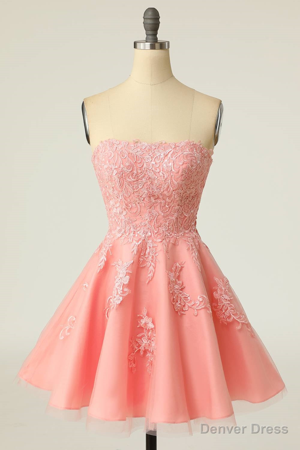 Strapless Pink Lace Appliues A Line Short Prom Dresses