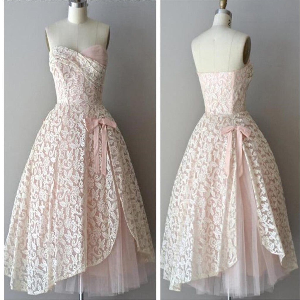 Strapless pink lace unique style vintage cheap homecoming prom gowns dress Main image