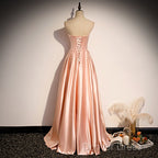 Strapless Pink Satin Long Party Dresses Formal Prom Dresses