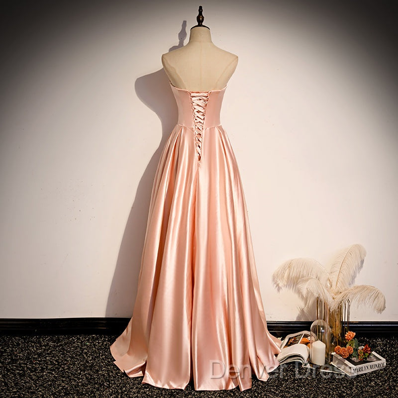 Strapless Pink Satin Long Party Dresses Formal Prom Dresses