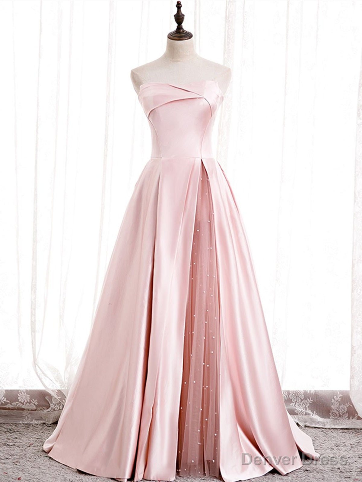 Strapless Pink Satin Prom Dresses, Pink Satin Long Formal Evening Dresses Main image