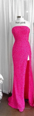 Strapless Pink Sequins Prom Dress with Slit,Sparkly White Night Dresses Prom Event