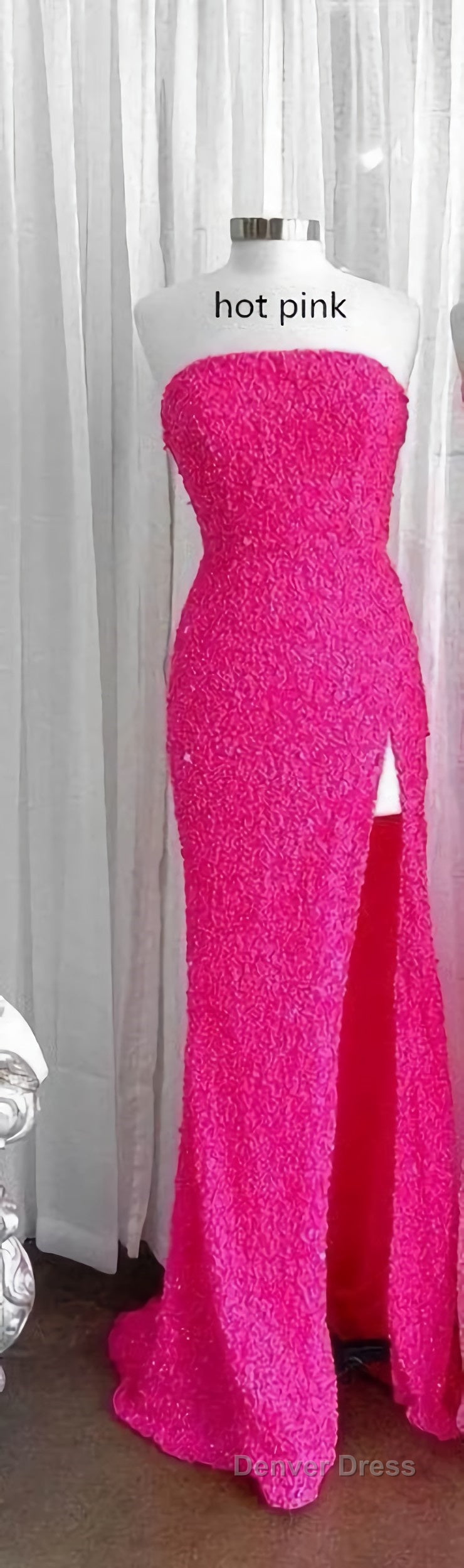 Strapless Pink Sequins Prom Dress with Slit,Sparkly White Night Dresses Prom Event