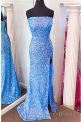 Strapless Pink Sequins Prom Dresses with Slit,Sparkly White Night Dresses Party Event