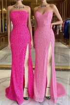 Strapless Pink Sequins Prom Dresses with Slit,Sparkly White Night Dresses Party Event