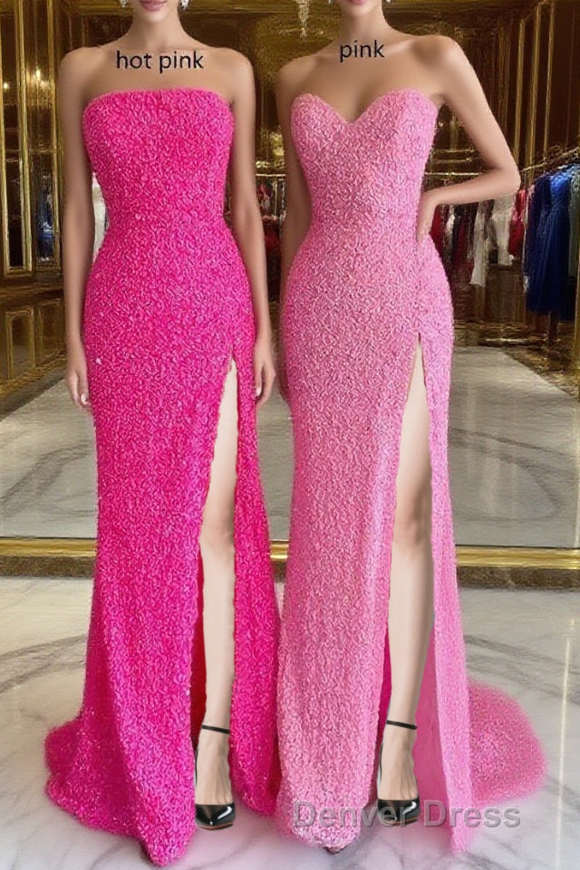 Strapless Pink Sequins Prom Dresses with Slit,Sparkly White Night Dresses Party Event