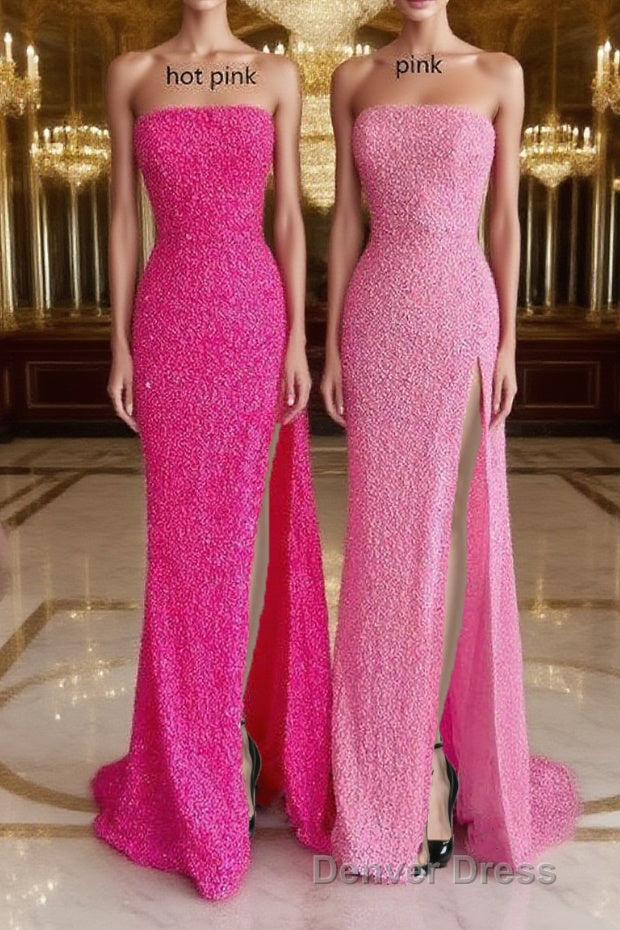 Strapless Pink Sequins Prom Dresses with Slit