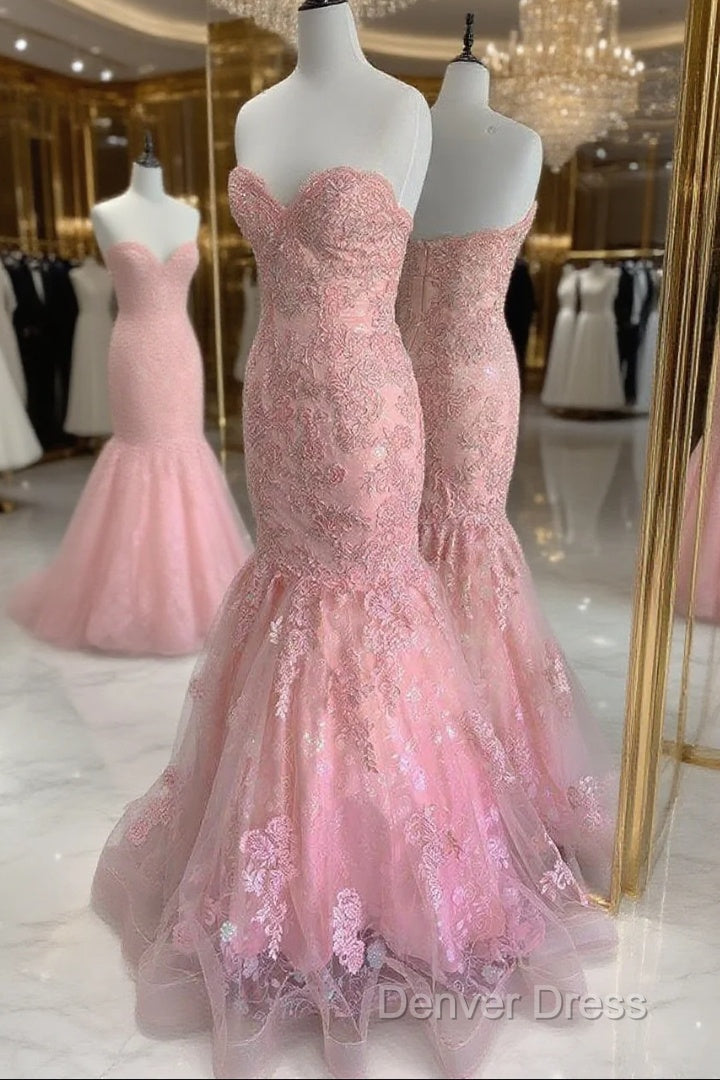 Strapless Pink Tulle Lace Long Mermaid Prom Dresses Evening Dresses Main image
