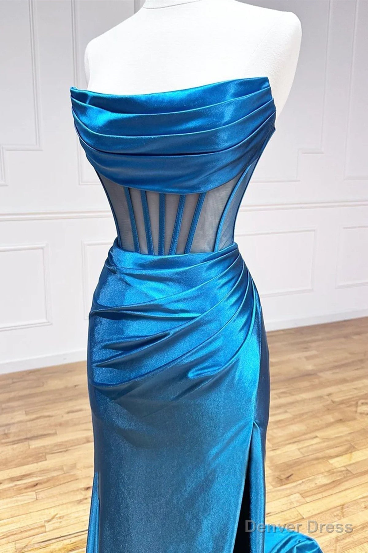Strapless Pleated Blue Long Prom Dresses, Blue Long Formal Evening Dresses Secondary image