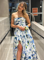 Strapless Print Floral Long Prom Dresses Prom Gowns