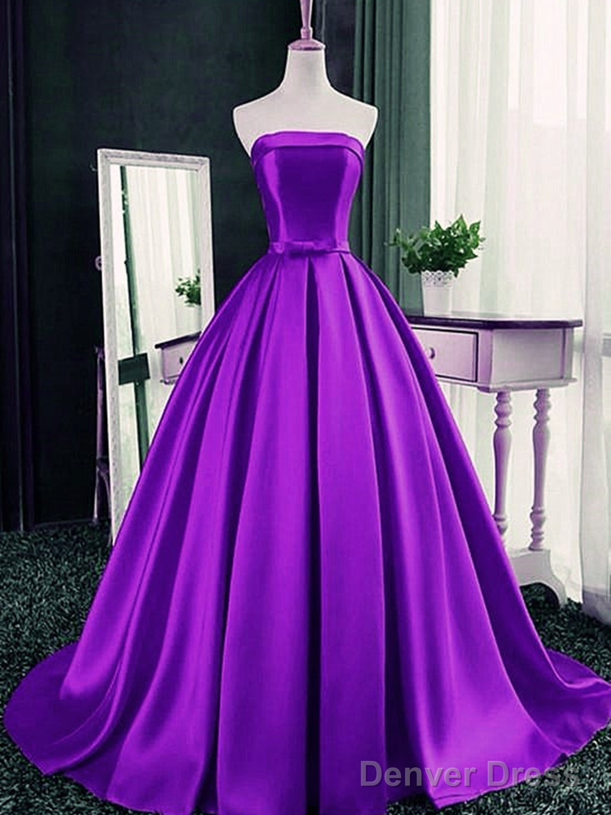 Strapless Purple Long Satin Prom Dresses, Strapless Purple Long Satin Formal Graduation Dresses Main image
