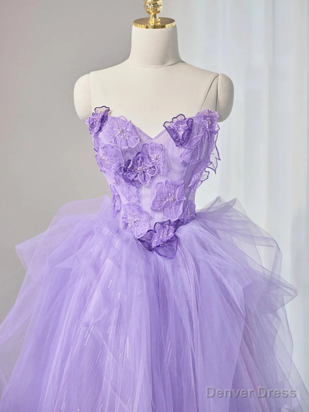 Strapless Purple Long Tulle Prom Dress with Flower, Purple Floral Long Tulle Prom Dresses Secondary image