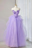 Strapless Purple Long Tulle Prom Dress with Flower, Purple Floral Long Tulle Prom Dresses