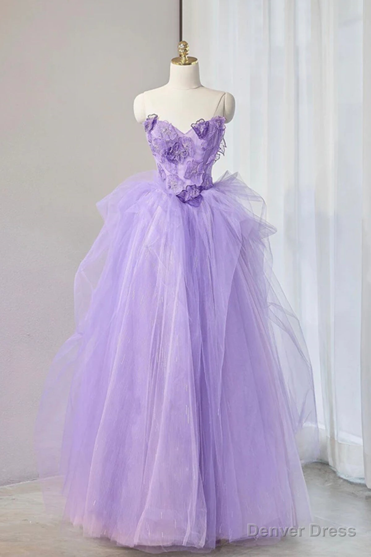 Strapless Purple Long Tulle Prom Dress with Flower, Purple Floral Long Tulle Formal Evening Dresses Main image