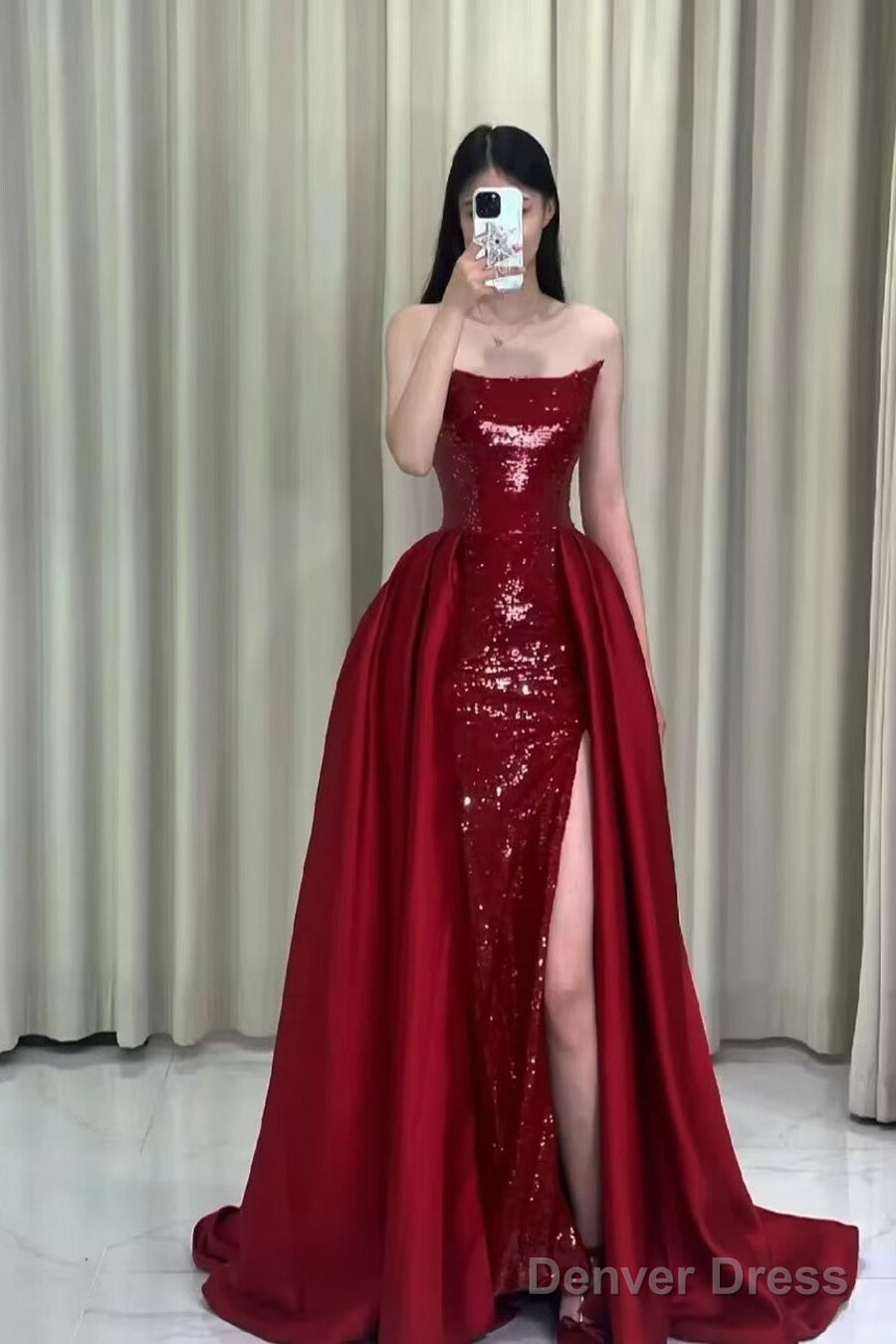 Strapless Red A Line Long Prom Dresses With Slit