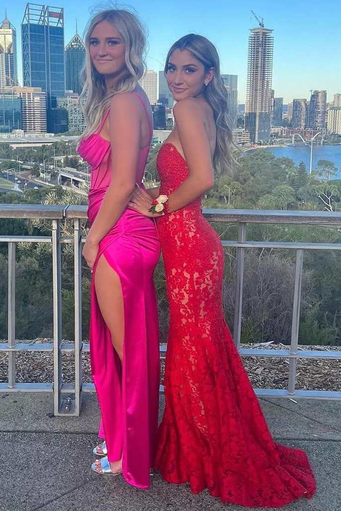 Strapless Red Appliques Mermaid Sleeveless Lace Long Prom Dresses