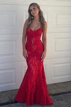 Strapless Red Appliques Mermaid Sleeveless Lace Long Prom Dresses