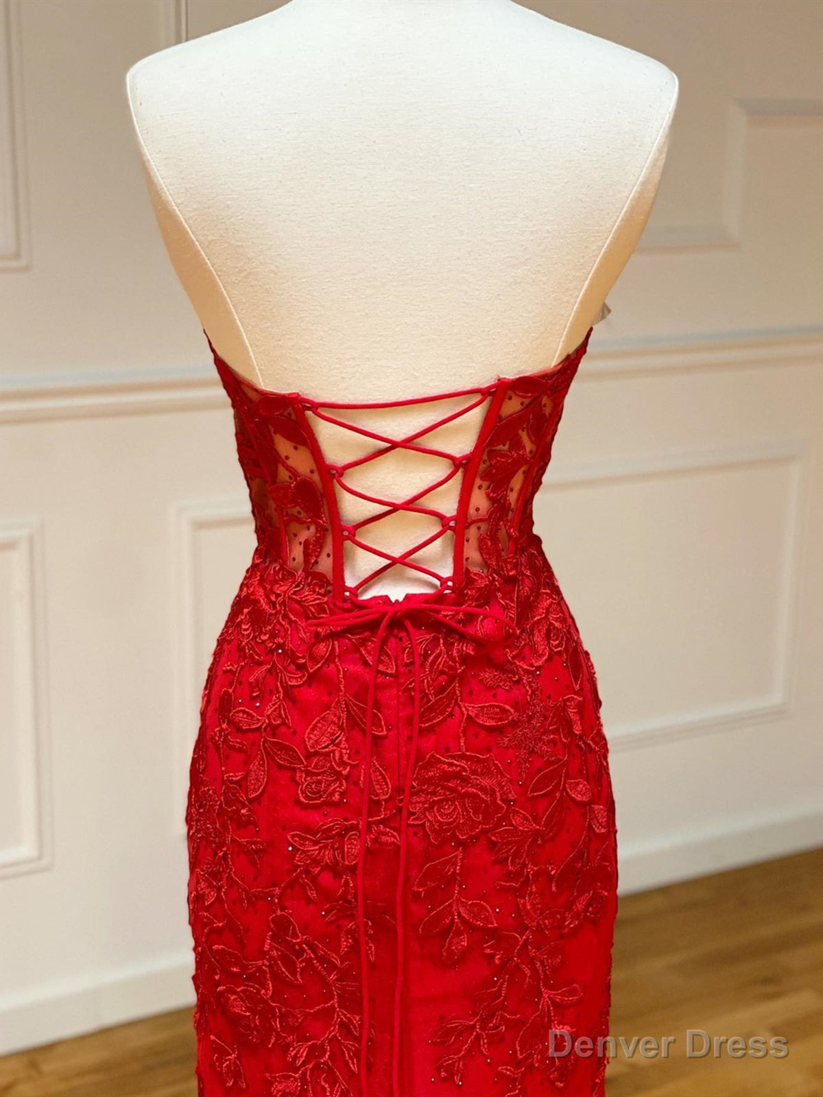 Strapless Red Lace Mermaid Long Prom Dress, Red Mermaid Long Lace Prom Dresses