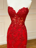 Strapless Red Lace Mermaid Long Prom Dress, Red Mermaid Long Lace Prom Dresses