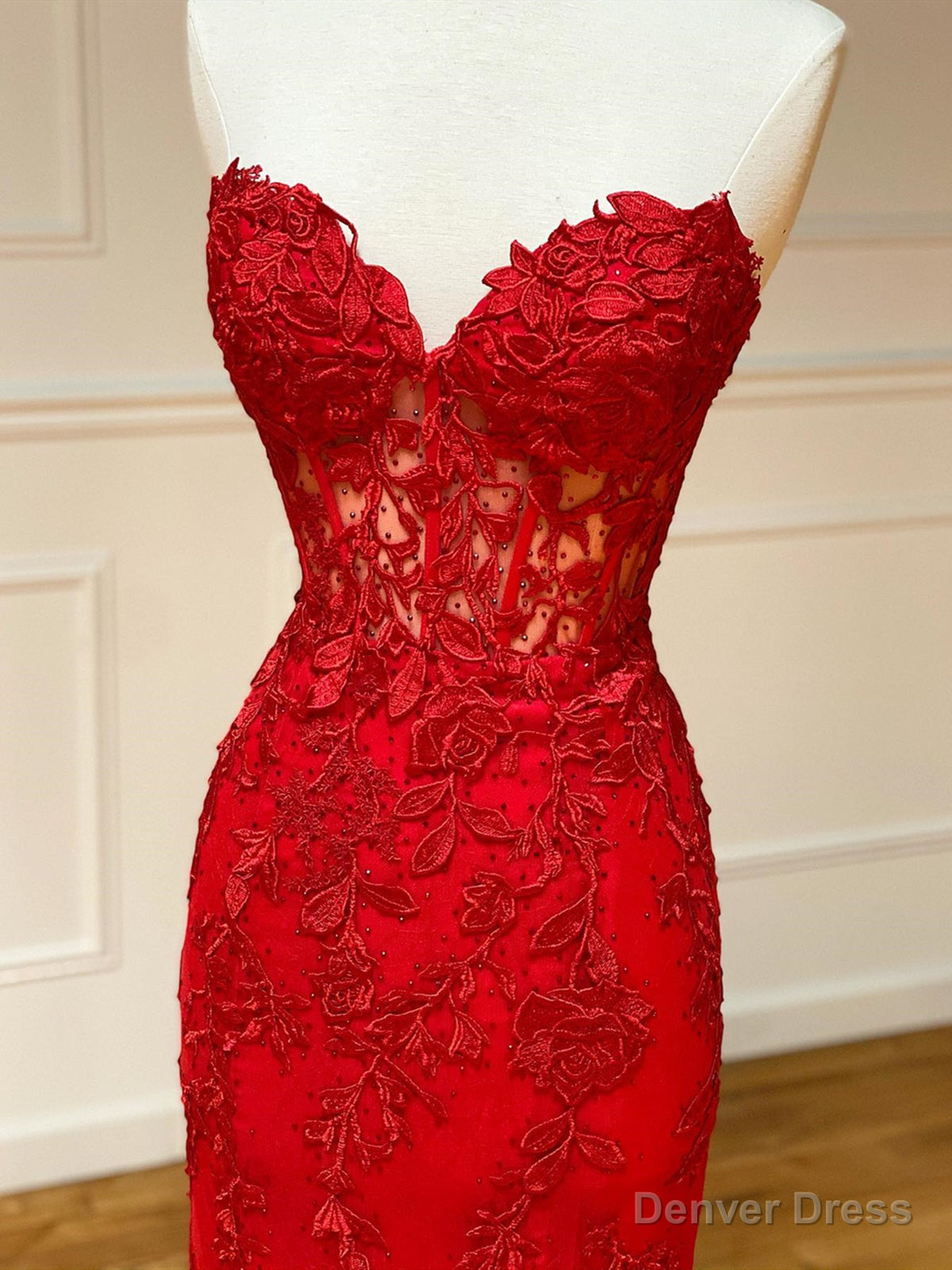 Strapless Red Lace Mermaid Long Prom Dress, Red Mermaid Long Lace Prom Dresses