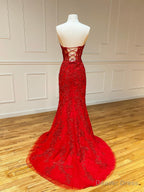 Strapless Red Lace Mermaid Long Prom Dress, Red Mermaid Long Lace Prom Dresses