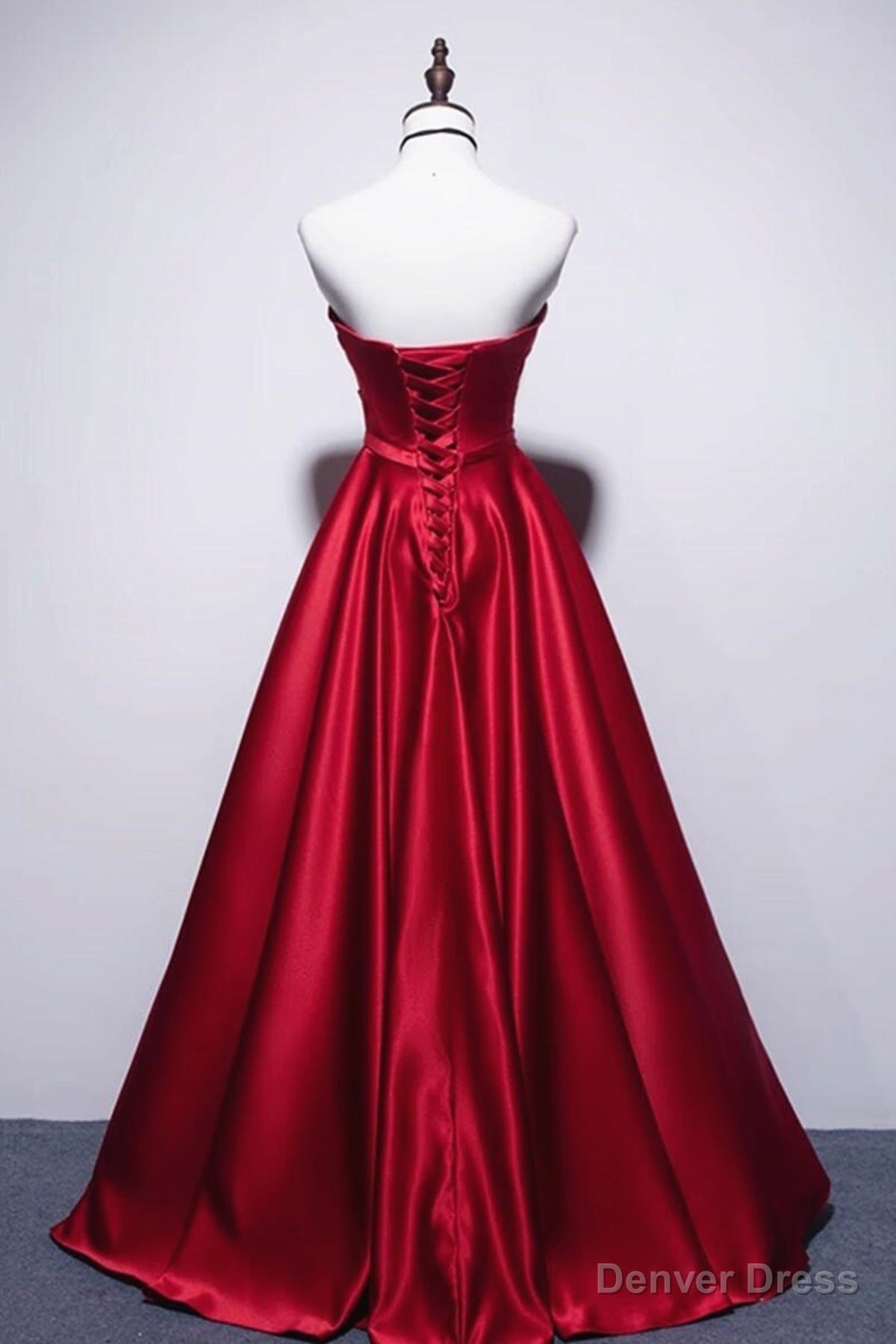 Strapless Red Satin Long Prom Dress, Dark Red Long Prom Dresses