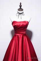 Strapless Red Satin Long Prom Dress, Dark Red Long Prom Dresses