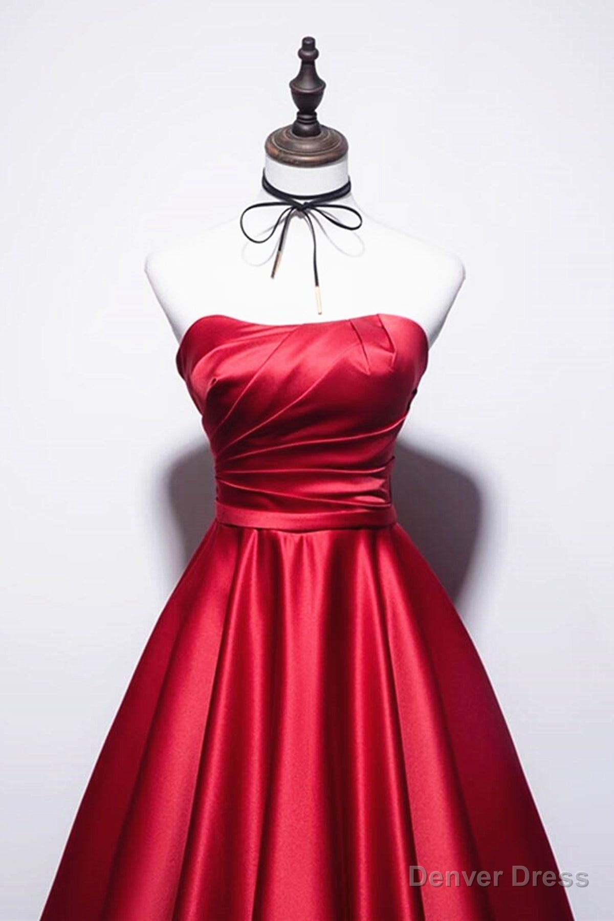 Strapless Red Satin Long Prom Dress, Dark Red Long Prom Dresses