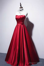 Strapless Red Satin Long Prom Dress, Dark Red Long Prom Dresses