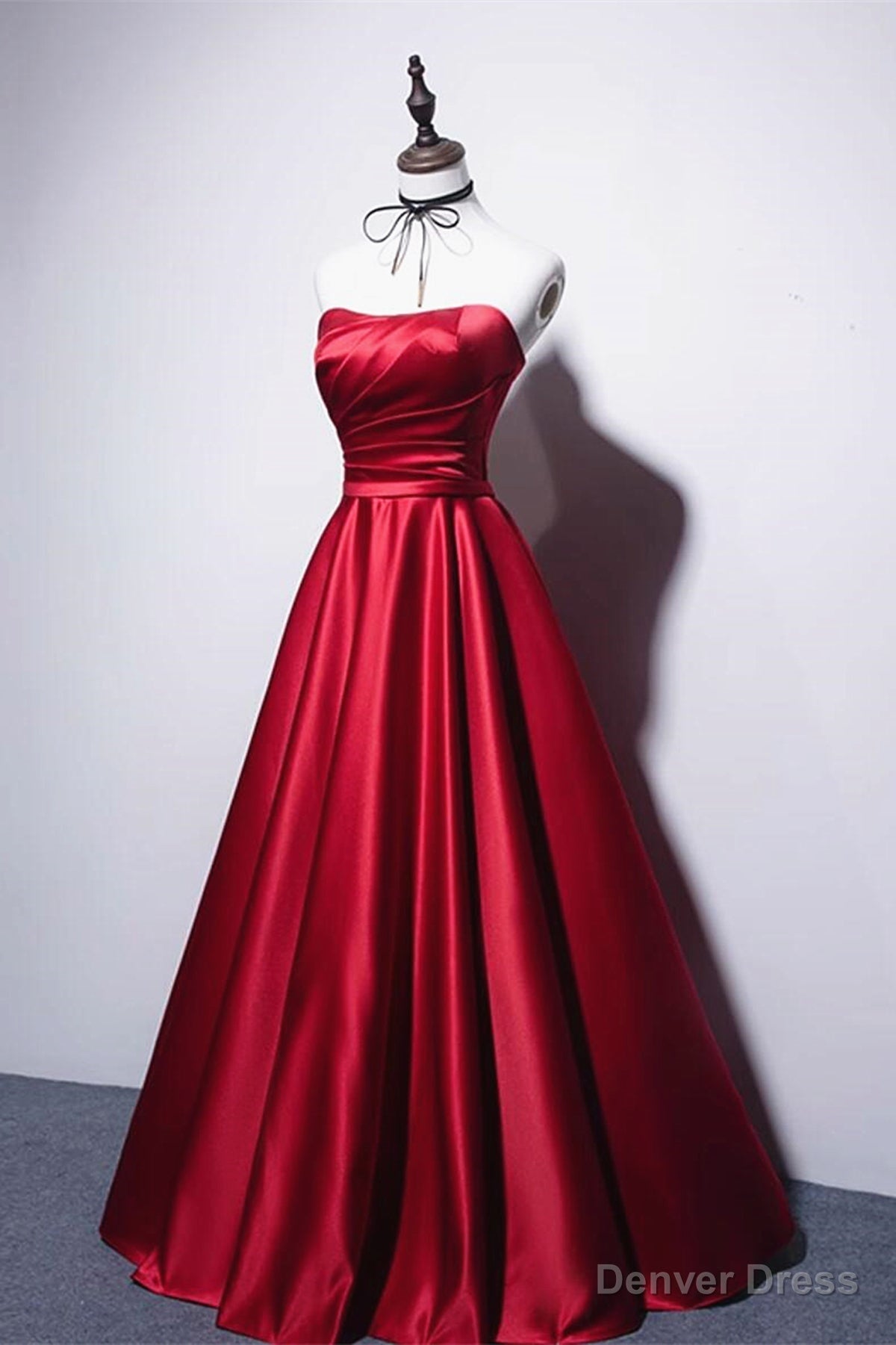 Strapless Red Satin Long Prom Dress, Dark Red Long Prom Dresses