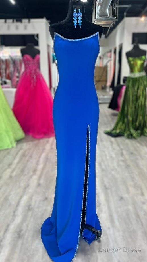 Strapless Royal Blue Long Prom Dresses with Beading and Skirt Slit Main image