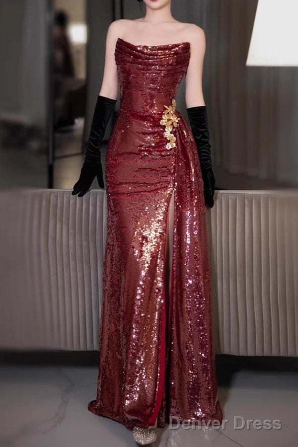 Strapless Sequin Ruched Trained Slit Mermaid Prom Gowns