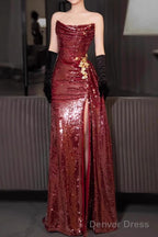 Strapless Sequin Ruched Trained Slit Mermaid Prom Gowns