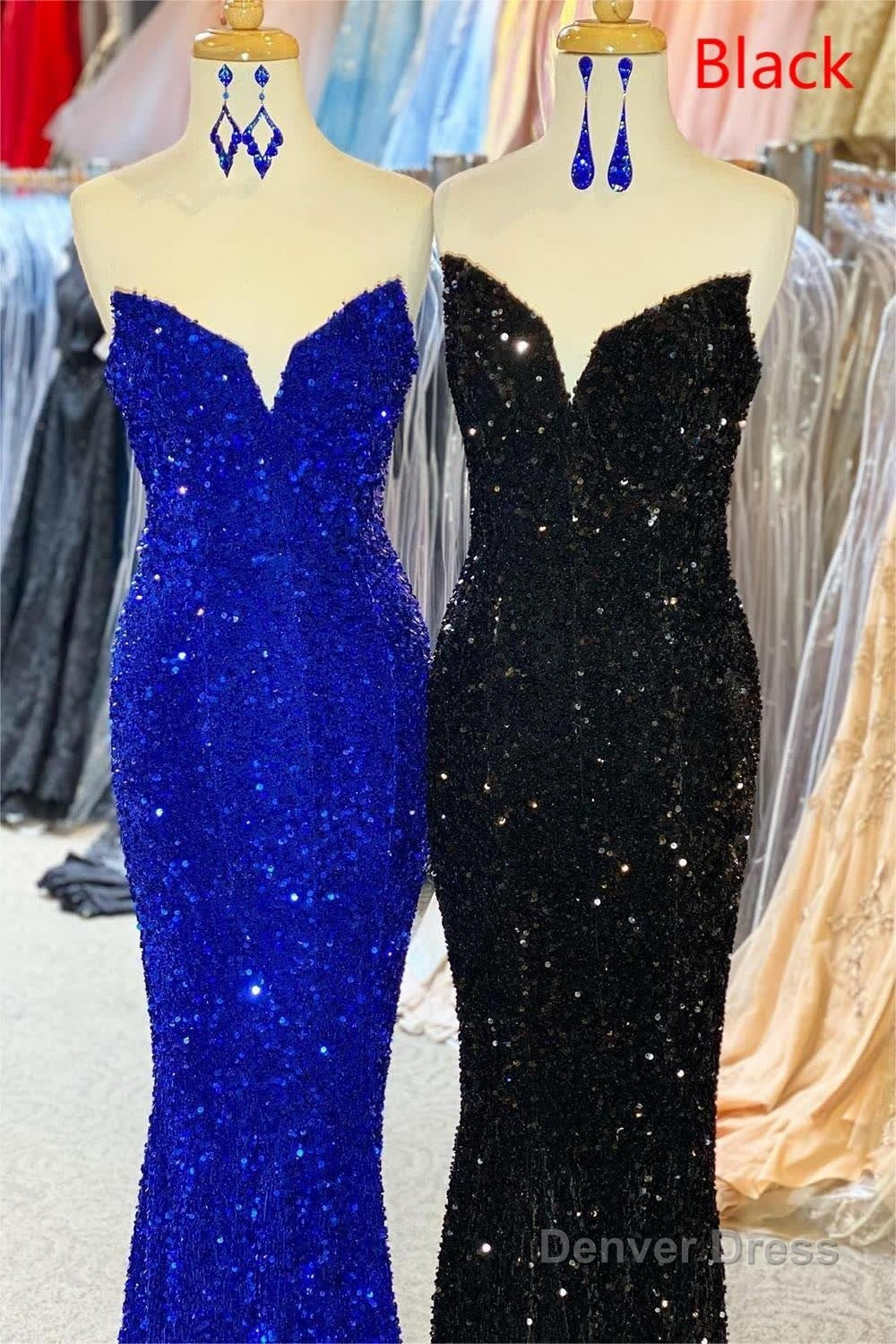 Strapless Sequins Black Mermaid Prom Dresses