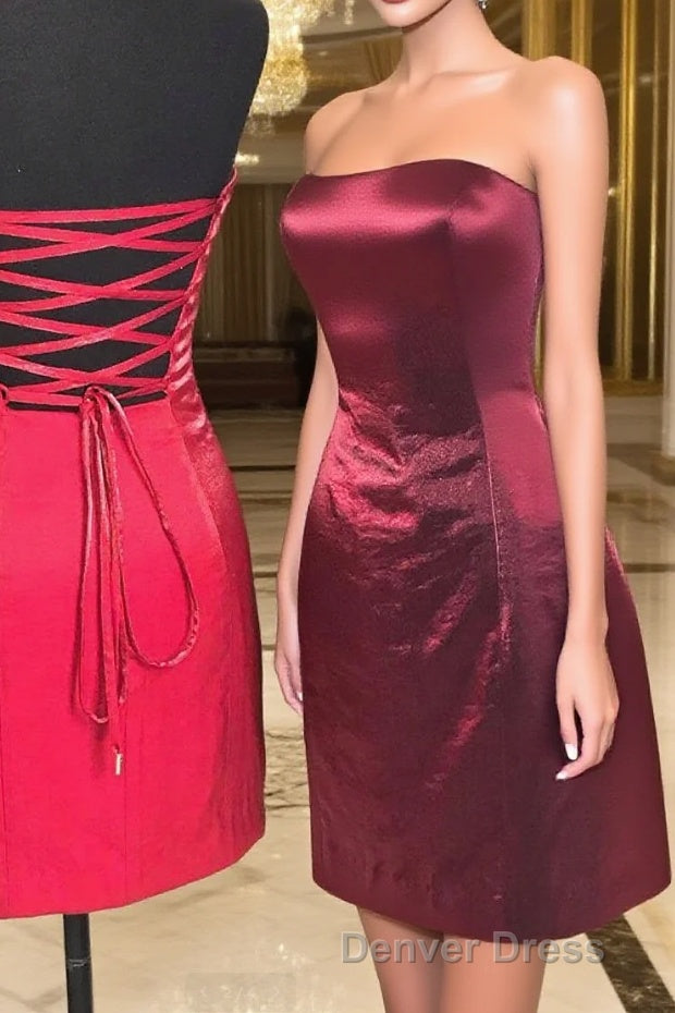 Strapless Sheath Lace-Up Burgundy Homecoming Dresses Main image