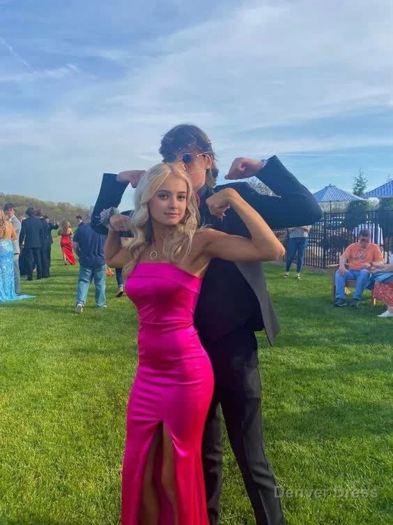 Strapless Sheath Pink Long Prom Dress Satin Prom Dresses