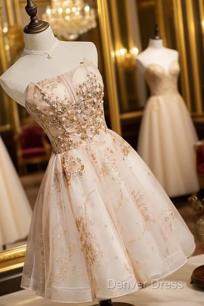 Strapless Short Champagne Prom Dress Homecoming Dresses With Sequins