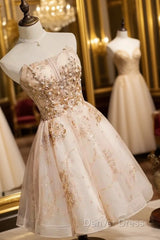 Strapless Short Champagne Party Dresses Homecoming Dresses With Sequins