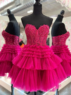 Strapless Short Fuchsia Black Pink Lace Prom Dress, Short Lace Prom Homecoming Dresses