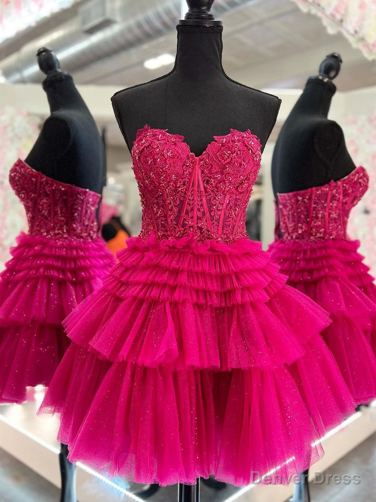 Strapless Short Fuchsia Black Pink Lace Prom Dress, Short Lace Prom Homecoming Dresses